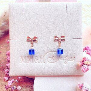 New Gold Bow Stud Earrings with Crystal Cube | Handmade in British Columbia